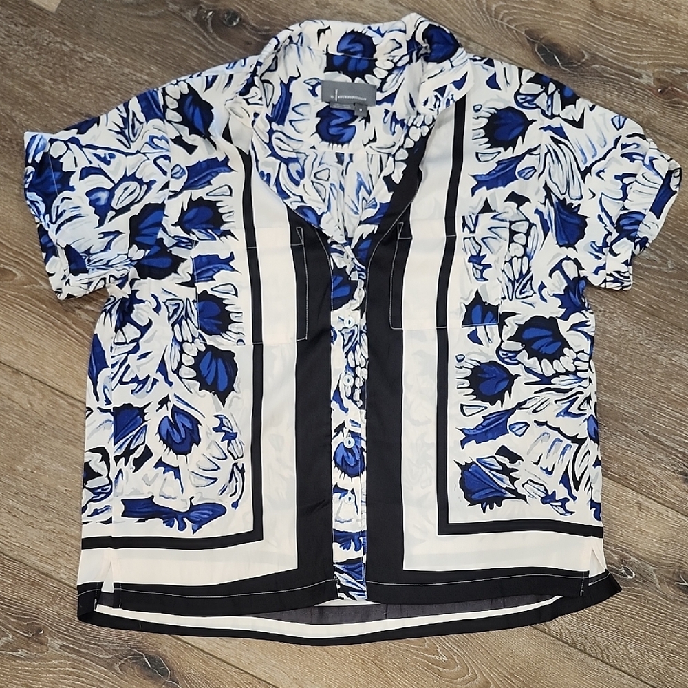 Anthropologie Maeve Classic Surf Top Blue Black Tropical Button Down Resort Top - Picture 3 of 10